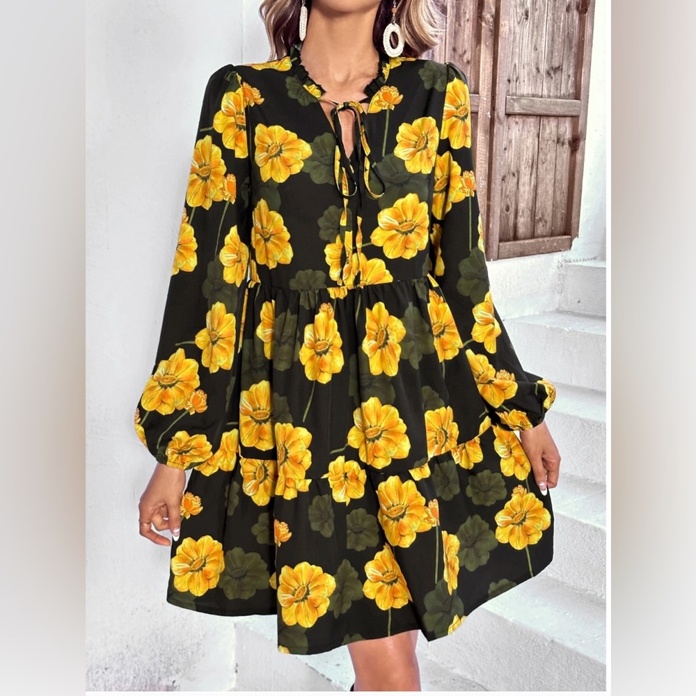 Floral Print Tie Neck Lantern Sleeve Ruffle Hem Smock Dress